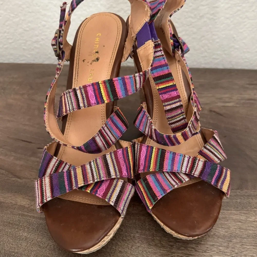 Chinese Laundry Marianne Pink Stripe Boho Multi Cork Wedge Heel Sandals 10